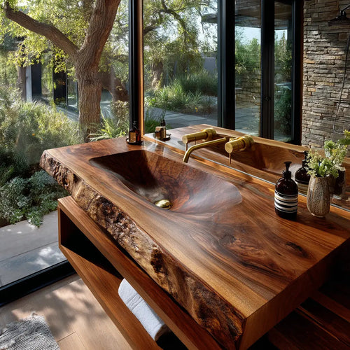 Calvero Sculpted Live Edge Solid Wood Floating Bathroom Vanity with Integrated Sink Kitchnce