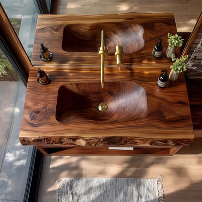 Calvero Sculpted Live Edge Solid Wood Floating Bathroom Vanity with Integrated Sink Kitchnce