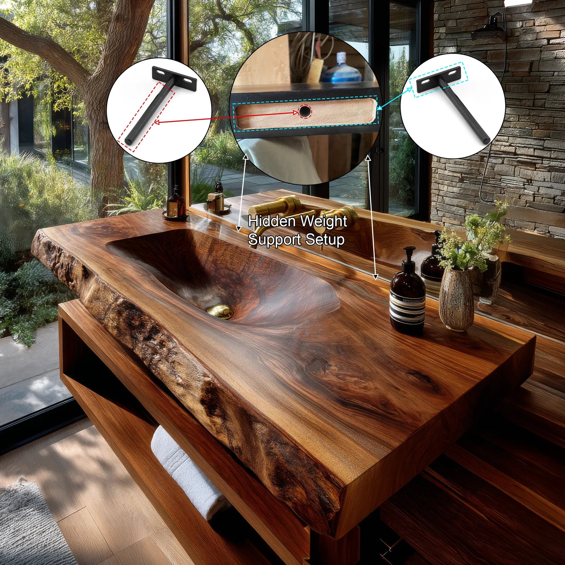 Calvero Sculpted Live Edge Solid Wood Floating Bathroom Vanity with Integrated Sink Kitchnce