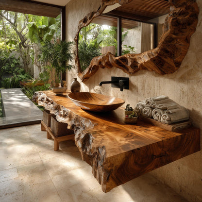 Calviro Handcrafted Live Edge Solid Wood Floating Bathroom Vanity SPA334368 Kitchnce
