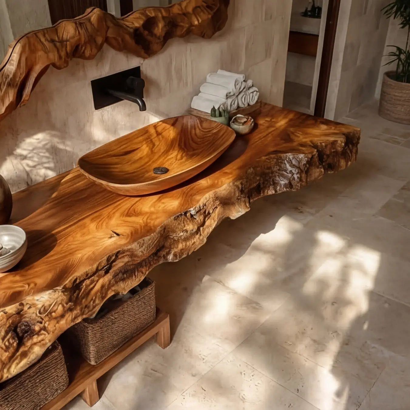 Calviro Handcrafted Live Edge Solid Wood Floating Bathroom Vanity SPA334368 Kitchnce