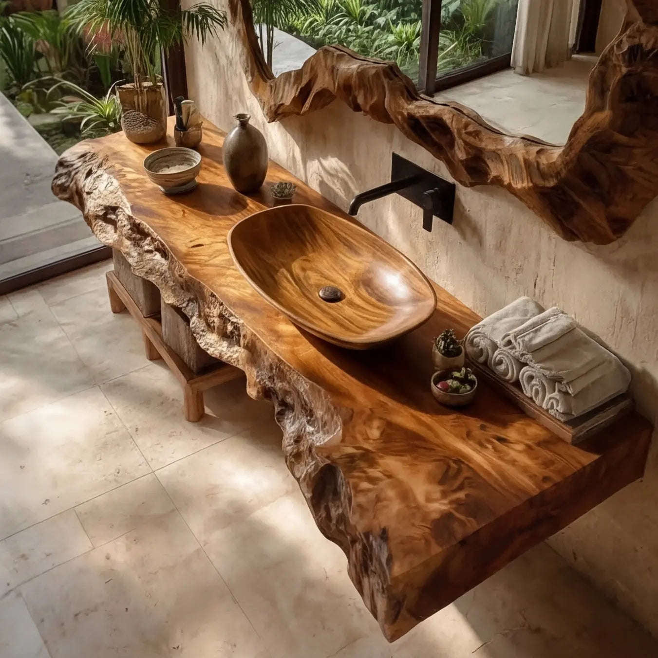 Calviro Handcrafted Live Edge Solid Wood Floating Bathroom Vanity SPA334368 Kitchnce