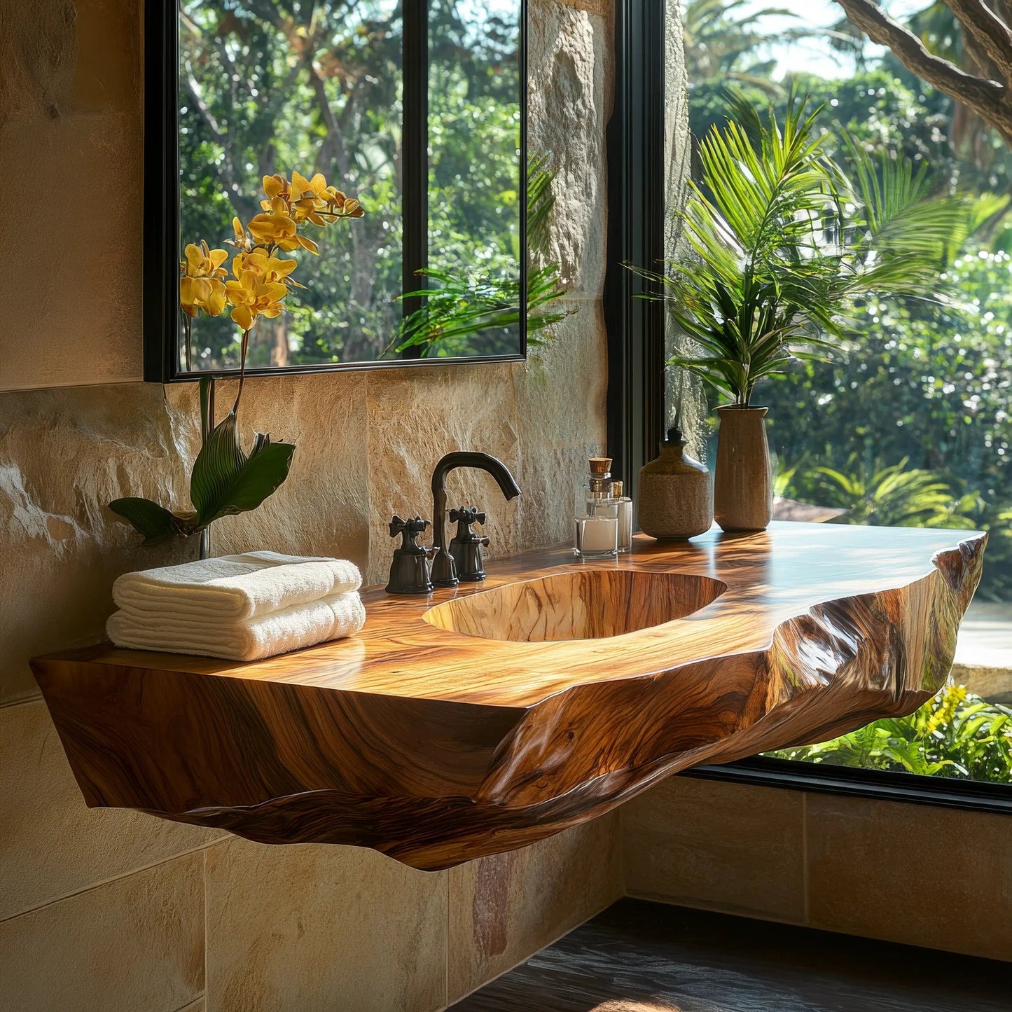 Cavero Sculpted Live Edge Solid Wood Floating Bathroom Vanity with Integrated Sink SPA248842 Kitchnce