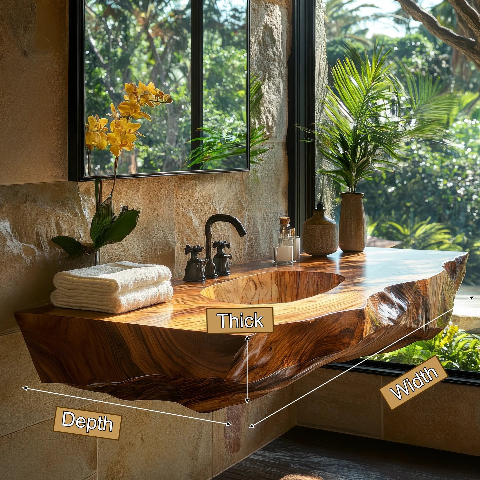 Cavero Sculpted Live Edge Solid Wood Floating Bathroom Vanity with Integrated Sink SPA248842 Kitchnce