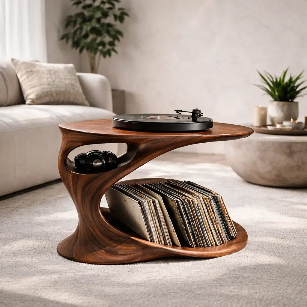Solid Wood Record Player Stand with Sculptural Curved Base and Vinyl Storage Shelf Kitchnce
