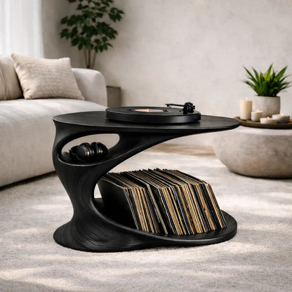 Solid Wood Record Player Stand with Sculptural Curved Base and Vinyl Storage Shelf Kitchnce