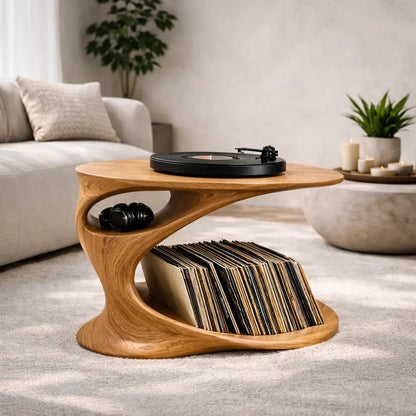 Solid Wood Record Player Stand with Sculptural Curved Base and Vinyl Storage Shelf Kitchnce