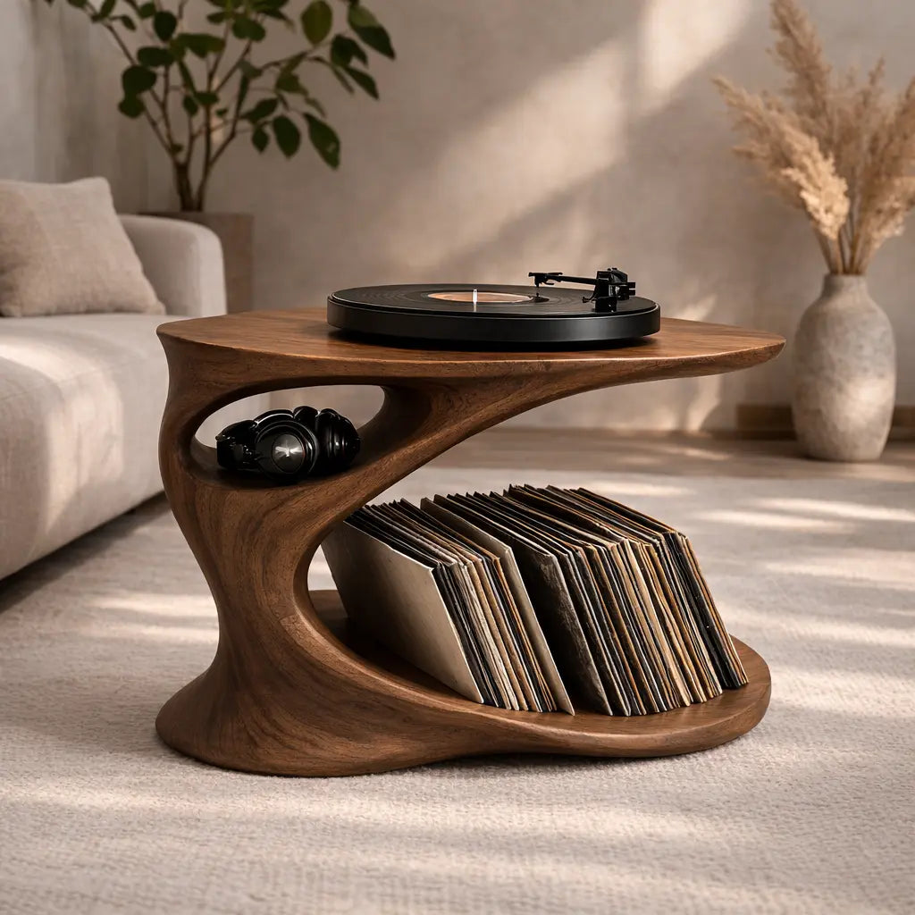 Solid Wood Record Player Stand with Sculptural Curved Base and Vinyl Storage Shelf Kitchnce