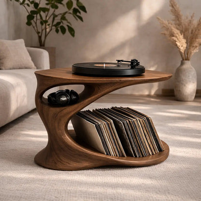 Solid Wood Record Player Stand with Sculptural Curved Base and Vinyl Storage Shelf Kitchnce