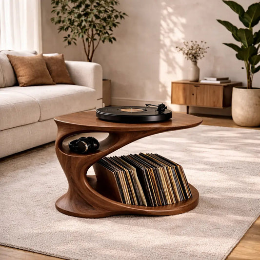 Solid Wood Record Player Stand with Sculptural Curved Base and Vinyl Storage Shelf Kitchnce