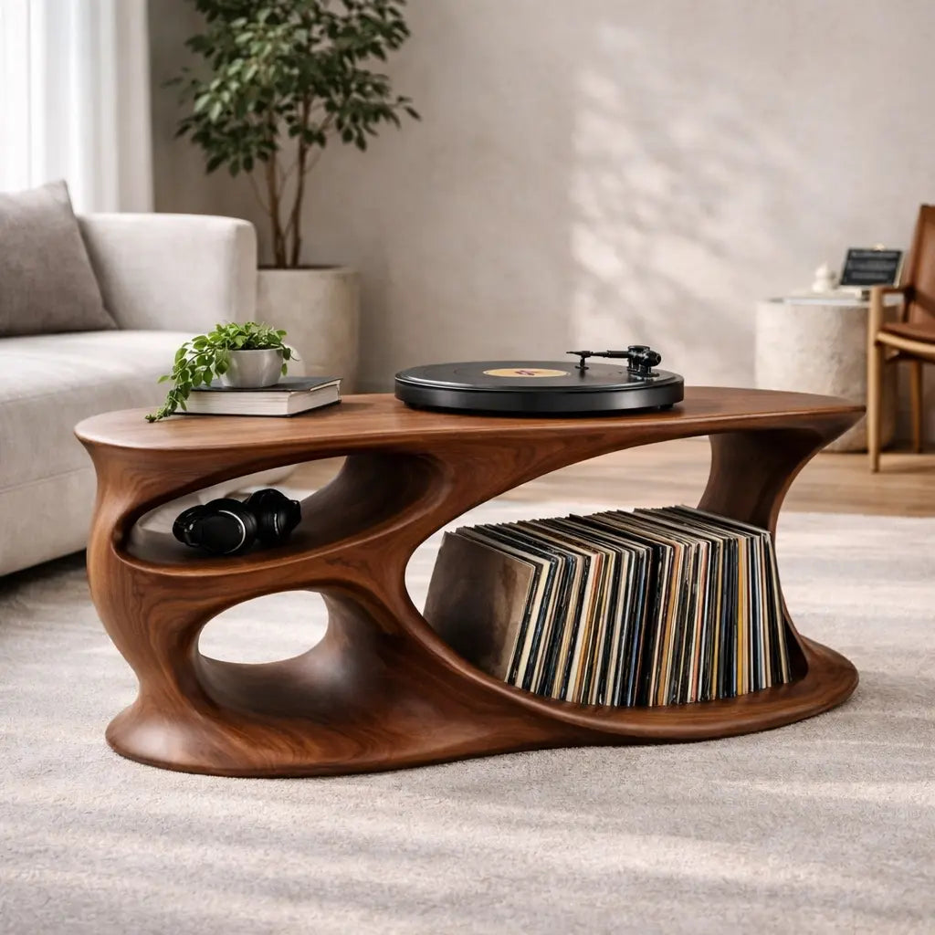Solid Wood Record Player Stand with Organic Curved Base and Vinyl Record Storage Kitchnce