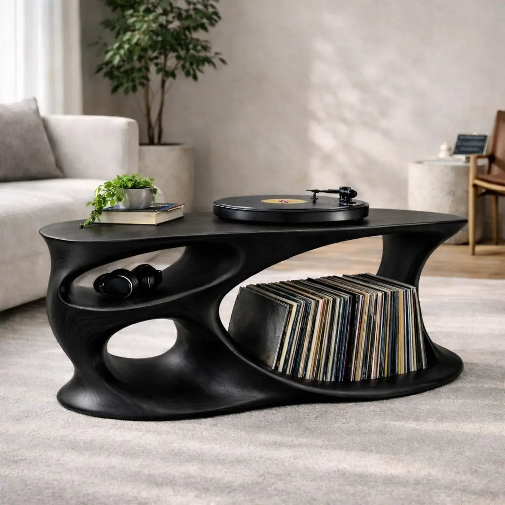 Solid Wood Record Player Stand with Organic Curved Base and Vinyl Record Storage Kitchnce