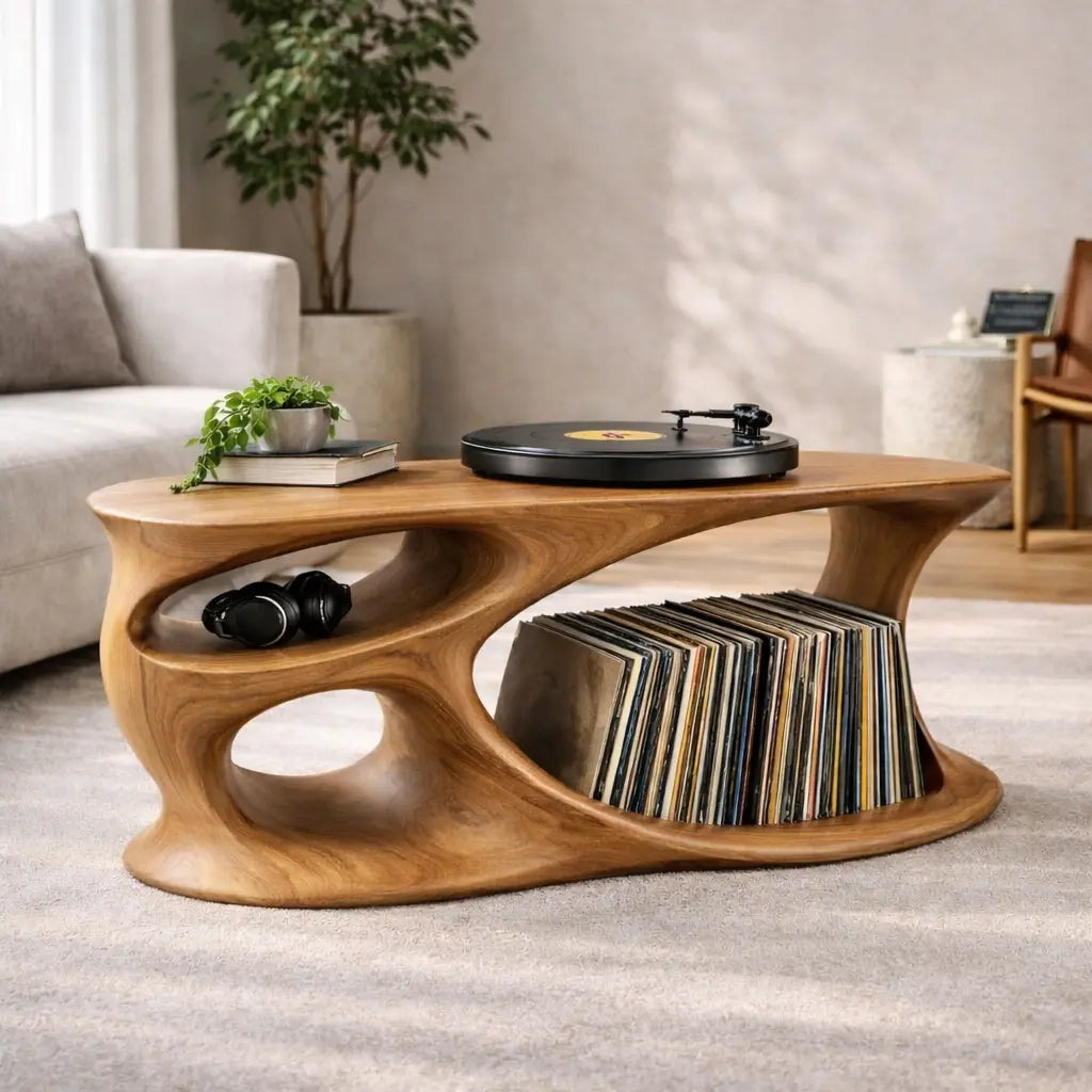 Solid Wood Record Player Stand with Organic Curved Base and Vinyl Record Storage Kitchnce