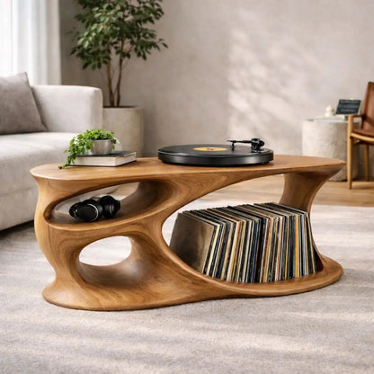 Solid Wood Record Player Stand with Organic Curved Base and Vinyl Record Storage Kitchnce