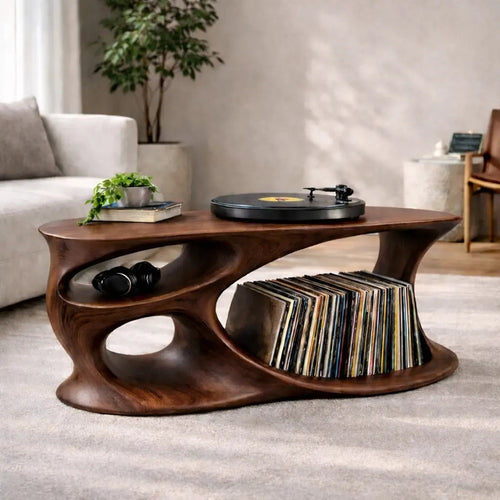 Solid Wood Record Player Stand with Organic Curved Base and Vinyl Record Storage Kitchnce