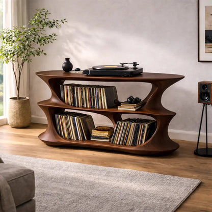 Solid Wood Record Player Stand with Sculptural Curved Frame and Dual Vinyl Storage Shelves Kitchnce