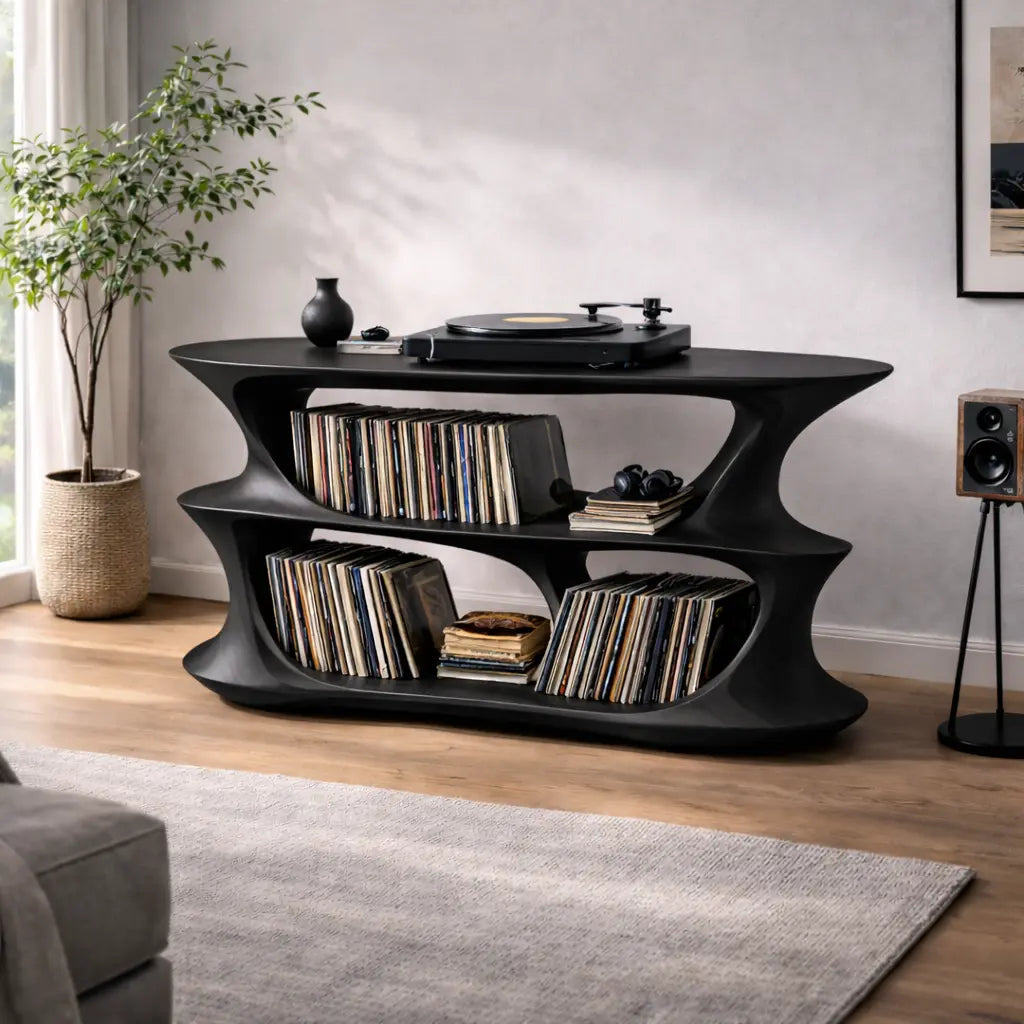Solid Wood Record Player Stand with Sculptural Curved Frame and Dual Vinyl Storage Shelves Kitchnce