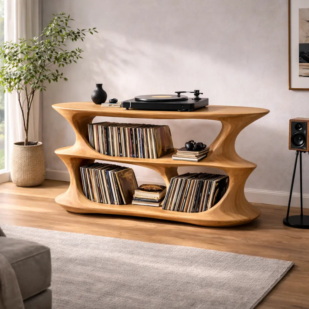 Solid Wood Record Player Stand with Sculptural Curved Frame and Dual Vinyl Storage Shelves Kitchnce