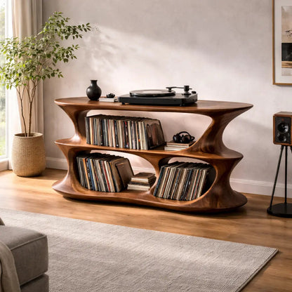 Solid Wood Record Player Stand with Sculptural Curved Frame and Dual Vinyl Storage Shelves Kitchnce