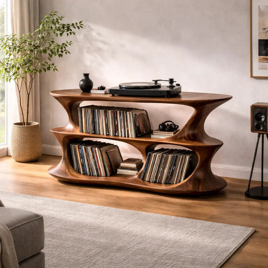 Solid Wood Record Player Stand with Sculptural Curved Frame and Dual Vinyl Storage Shelves Kitchnce