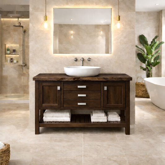 Solid Wood Bathroom Vanity with Live Edge Top & Open Shelf Storage