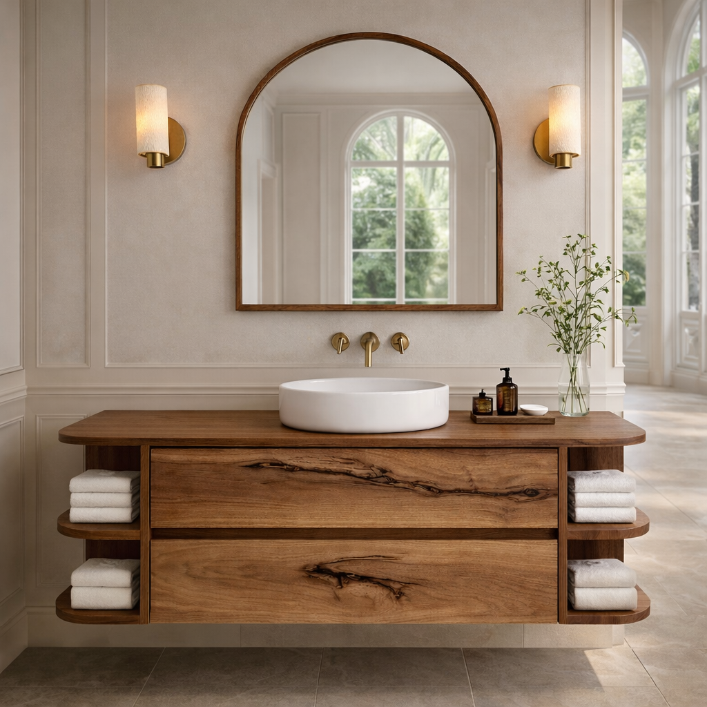Floating Bathroom Vanity with Curved Open Shelves – Handcrafted Solid Wood Design Kitchnce