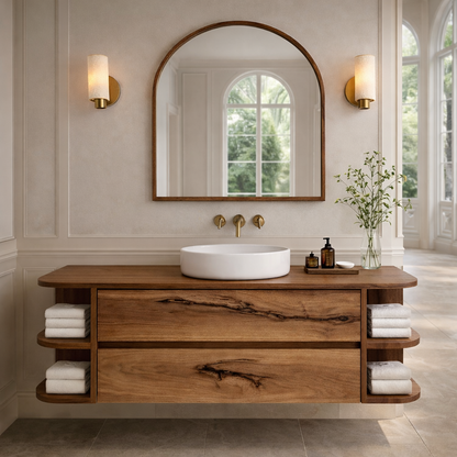 Floating Bathroom Vanity with Curved Open Shelves – Handcrafted Solid Wood Design Kitchnce