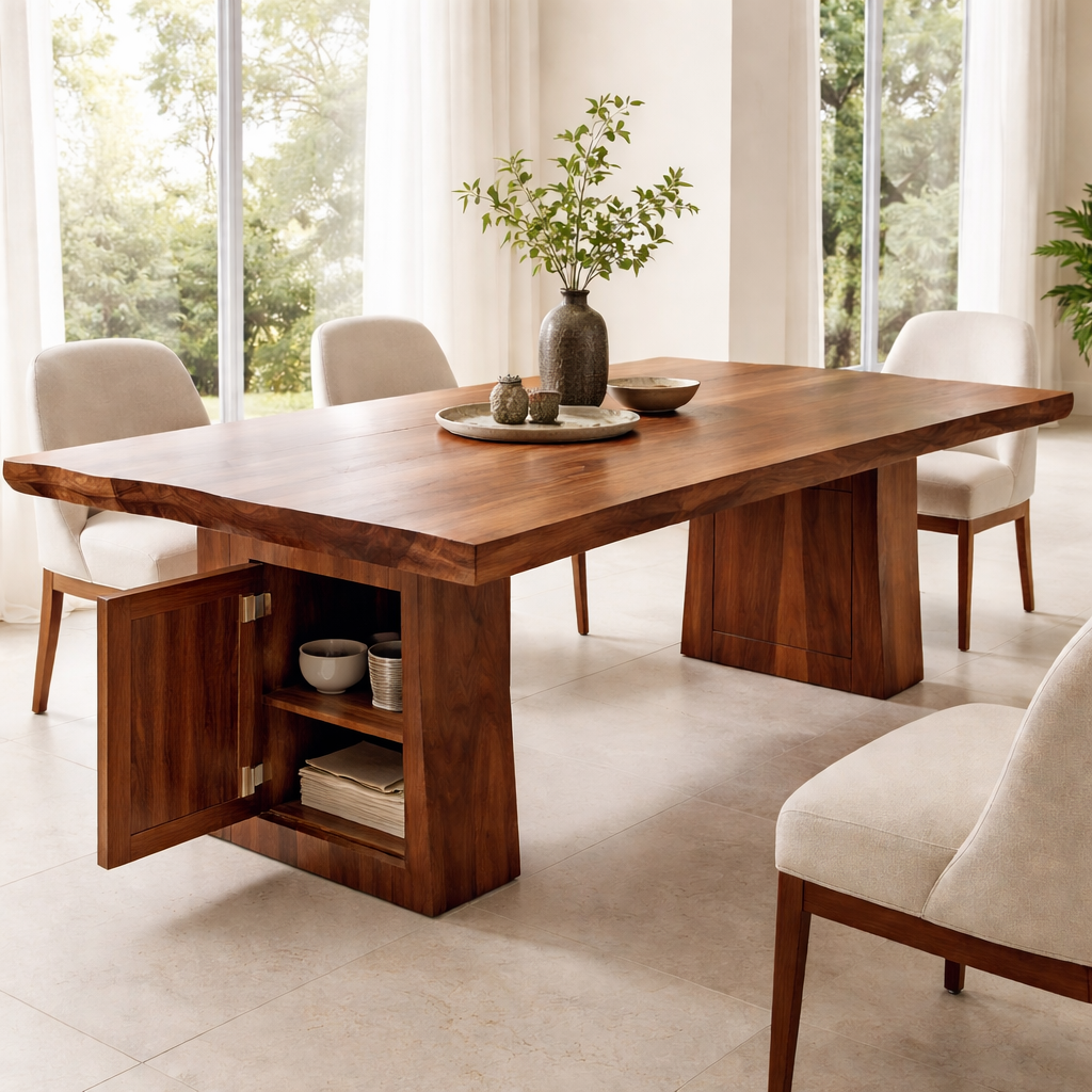 Solid Wood Dining Table with Thick Slab Top and Modern Block Base
