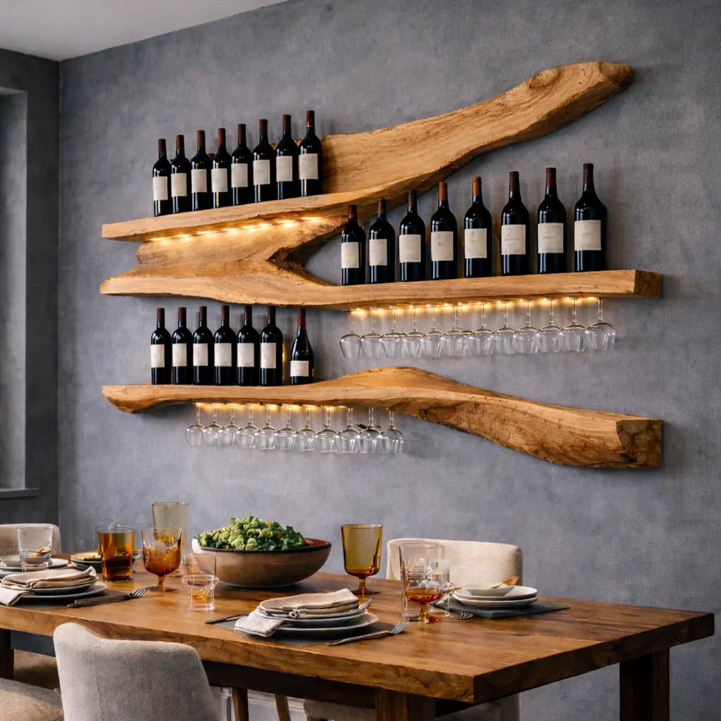 Solid Wood Live Edge Wall Wine Rack with Floating Shelves and Hanging Glass Holder Kitchnce