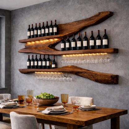 Solid Wood Live Edge Wall Wine Rack with Floating Shelves and Hanging Glass Holder Kitchnce