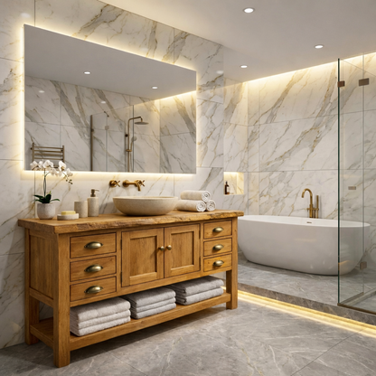 Solid Wood Bathroom Vanity with Drawers & Open Shelf Storage