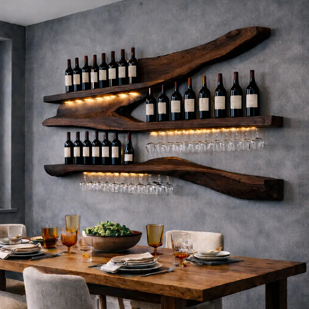Solid Wood Live Edge Wall Wine Rack with Floating Shelves and Hanging Glass Holder Kitchnce