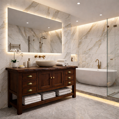 Solid Wood Bathroom Vanity with Drawers & Open Shelf Storage