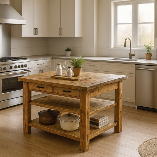 Live Edge Solid Wood Kitchen Island with Drawers - Rustic Farmhouse Butcher Block Prep Table