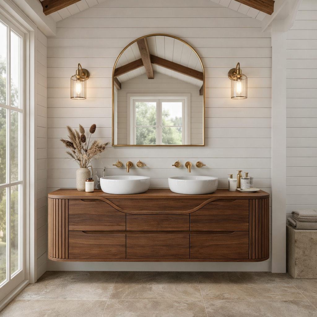 Handcrafted Floating Bathroom Vanity with Curved & Fluted Drawers – Elegant Wooden Design Kitchnce
