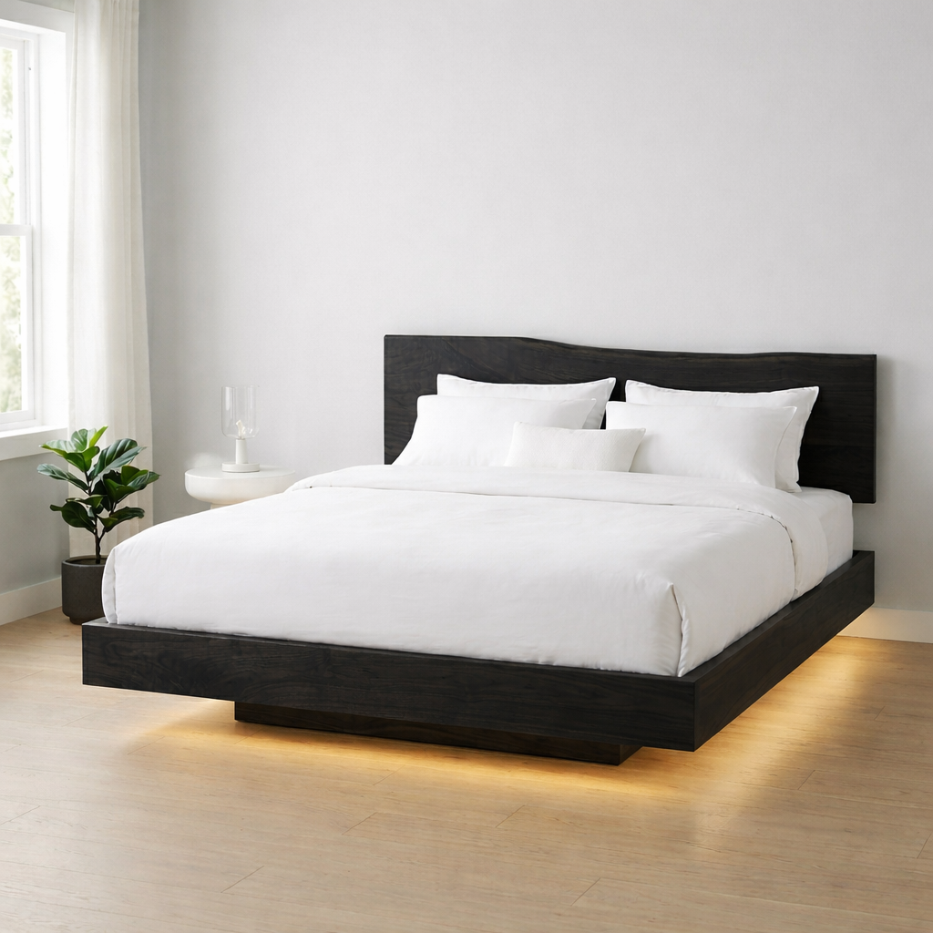 Solid Wood Floating Platform Bed Frame with Modern Low Profile Design
