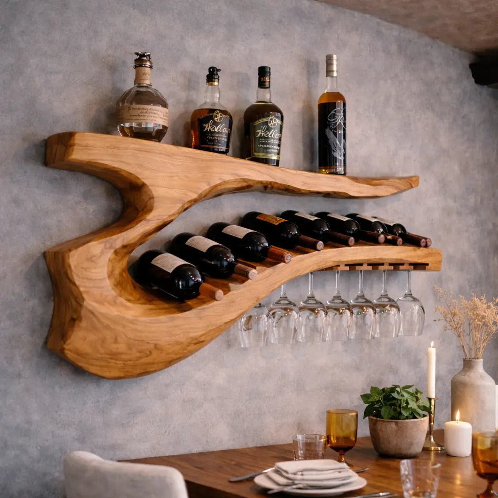 Solid Wood Sculptural Wall Wine Rack with Curved Bottle Shelf and Hanging Glass Holder Kitchnce