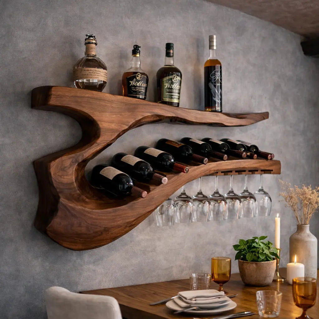 Solid Wood Sculptural Wall Wine Rack with Curved Bottle Shelf and Hanging Glass Holder Kitchnce