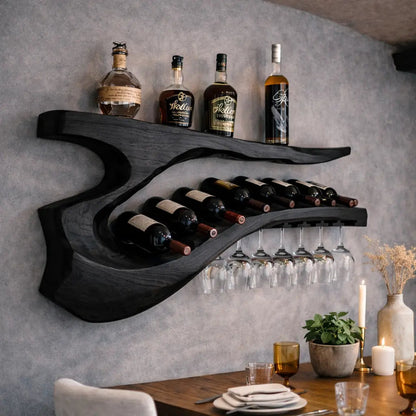 Solid Wood Sculptural Wall Wine Rack with Curved Bottle Shelf and Hanging Glass Holder Kitchnce