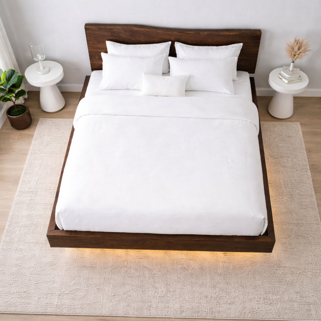 Solid Wood Floating Platform Bed Frame with Modern Low Profile Design