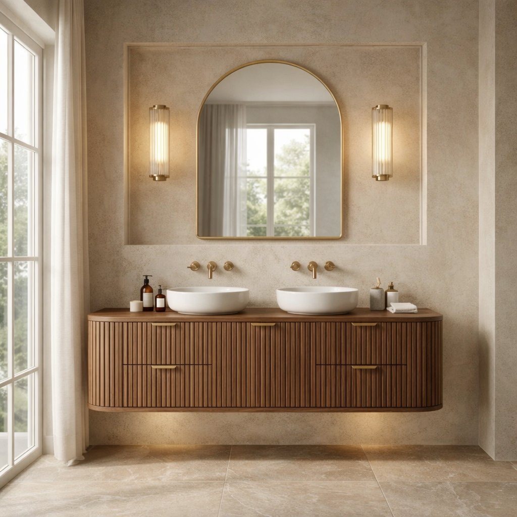 Handcrafted Floating Bathroom Vanity with Fluted Drawers – Elegant Wooden Design Kitchnce