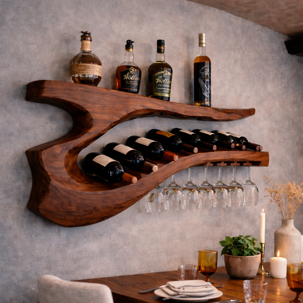 Solid Wood Sculptural Wall Wine Rack with Curved Bottle Shelf and Hanging Glass Holder