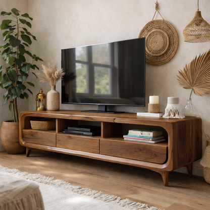 Solid Wood Mid-Century Modern TV Stand with Drawers & Open Shelves