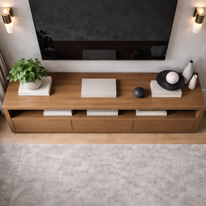 Solid Wood Low Profile TV Stand with Drawers & Open Shelf – Modern Media Console