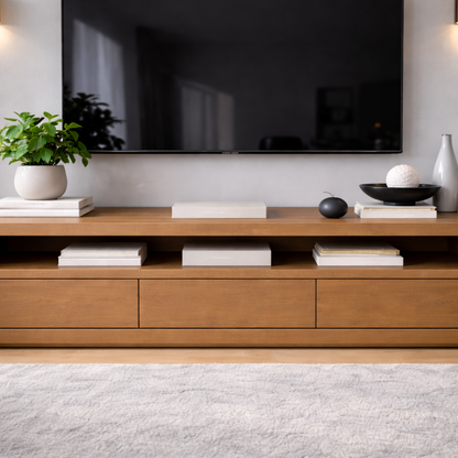Solid Wood Low Profile TV Stand with Drawers & Open Shelf – Modern Media Console
