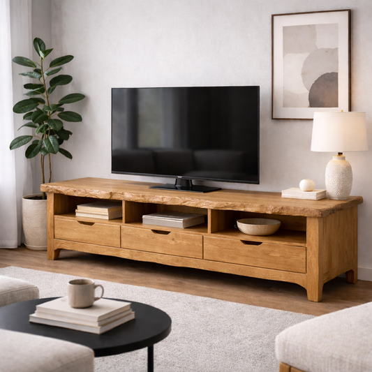 Solid Wood TV Stand with Drawers & Open Shelves – Rustic Low Profile Console