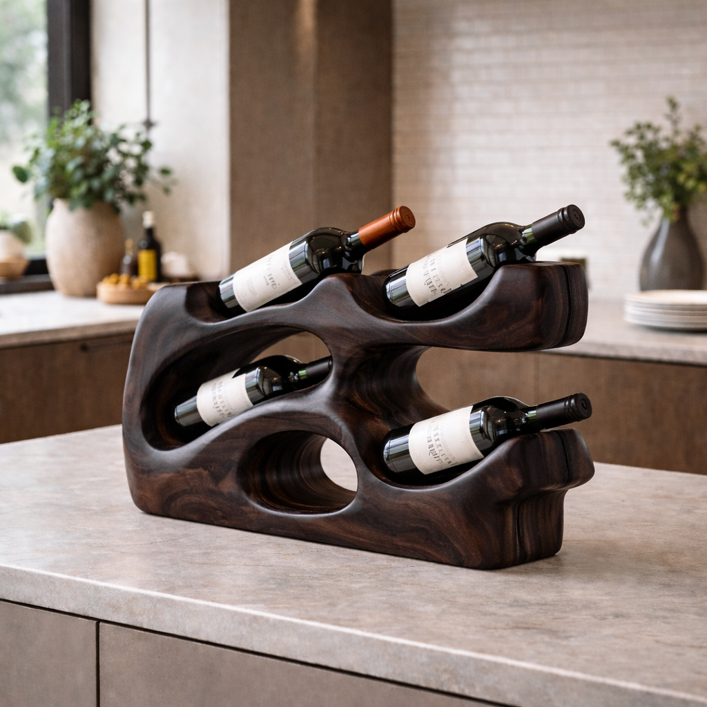 Handcrafted Solid Wood Countertop Wine Holder – Modern Sculptural Wine Rack