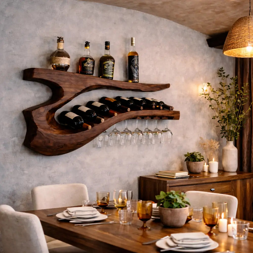 Solid Wood Sculptural Wall Wine Rack with Curved Bottle Shelf and Hanging Glass Holder Kitchnce