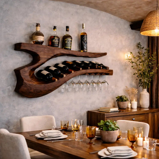 Solid Wood Sculptural Wall Wine Rack with Curved Bottle Shelf and Hanging Glass Holder Kitchnce
