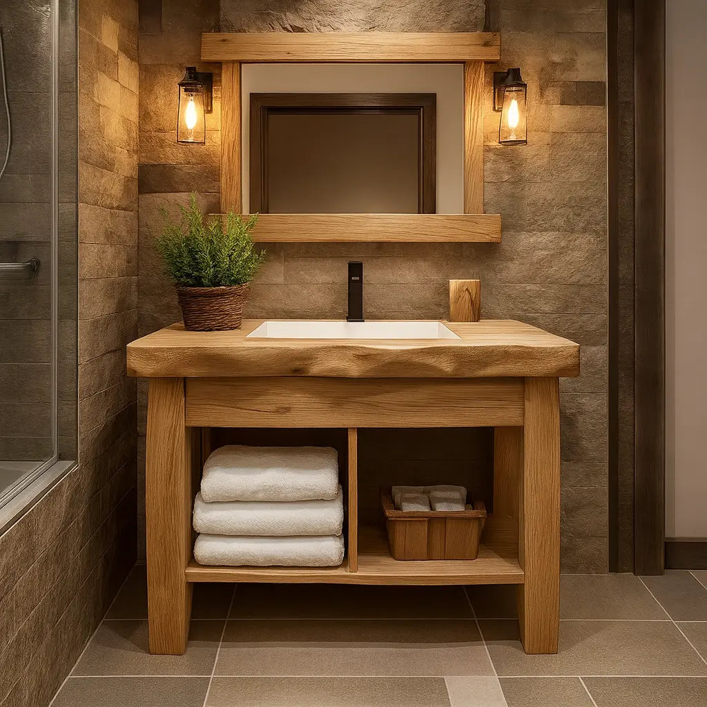 Handcrafted Solid Wood Bathroom Vanity with Natural Live Edge and Open Shelf Rustic Design Kitchnce